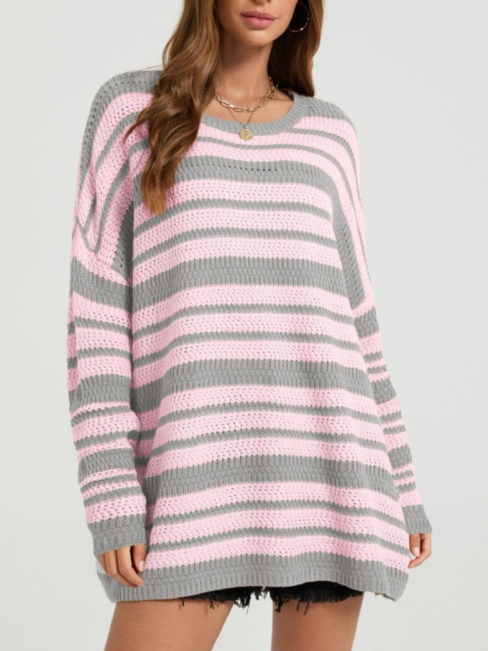 💖Striped Pink and Gray Knit Drop Shoulder Sweater - Casual Oversized Crewneck